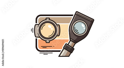 Illustration of a round apparatus with a lens and magnifying glass, flat graphic style