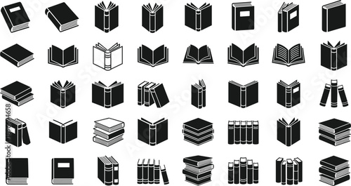 Isometric book icon set collection featuring open and closed books, stacked textbooks, library volumes, education symbols, publishing concepts, digital learning resources, and knowledge illustrations