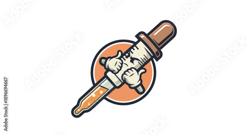 Cartoon dropper character with a face and gloves, holding itself within an orange circle