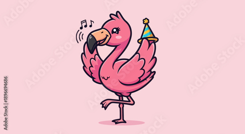 A cartoon flamingo celebrates with a party hat, singing notes on pink background