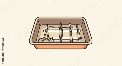 A tray contains surgical tools, including scissors, tweezers, scalpel, and other instruments