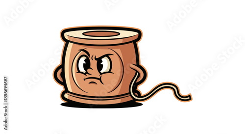 Cartoon-style spool of thread with angry expression and stylized, detailed drawing