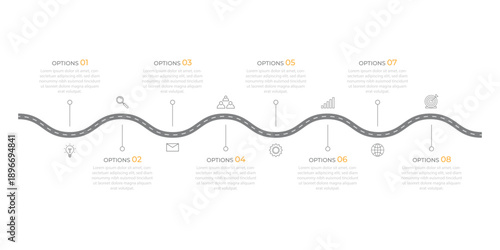 Infographic roadmap design template. Business Timeline of 8 Important Business Events annual business presentation. Vector illustration
