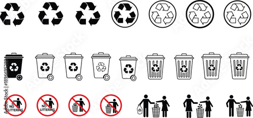 Recycling and waste management icon set featuring trash bins, recycle symbols, prohibition signs, and people disposing garbage for environmental sustainability awareness concepts