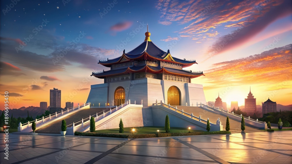Fototapeta premium National Theater of Chiang Kai Shek Memorial Hall in twilight time stands majestically under Taiwans cityscape