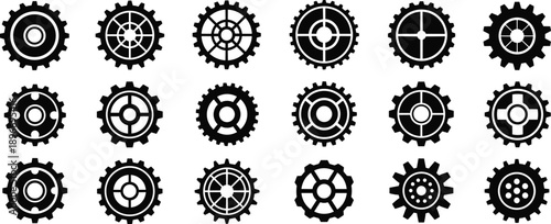 Set of industrial gear icons and cogwheel symbols in flat black style, mechanical engineering elements collection for technology, manufacturing, automation, and industry design projects