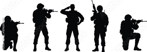 Silhouette of armed military soldiers in tactical poses, modern infantry team with rifles, isolated black combat figures on white background, studio cutout illustration