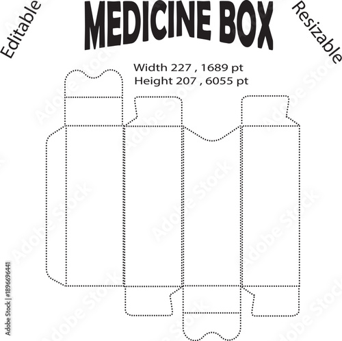 Medicine box packaging dieline template with 3D folding lines and editable vector layout for pharmaceutical products