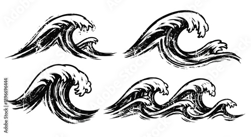 Set of hand-drawn ocean waves in a dynamic, brushstroke style, capturing the power and movement of water.