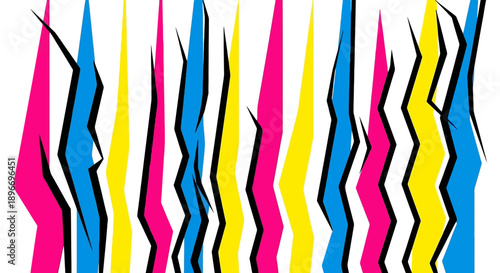 Vibrant CMYK color abstract jagged lines pattern on white background.