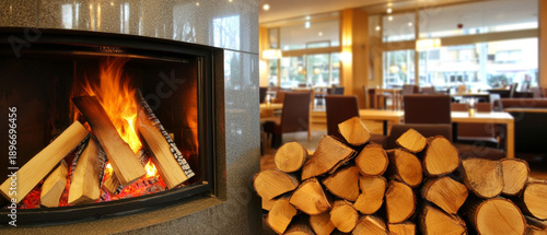 Cozy scene: blazing fireplace, firewood pile, and a softly blurred warm-toned restaurant interior with tables and chairs