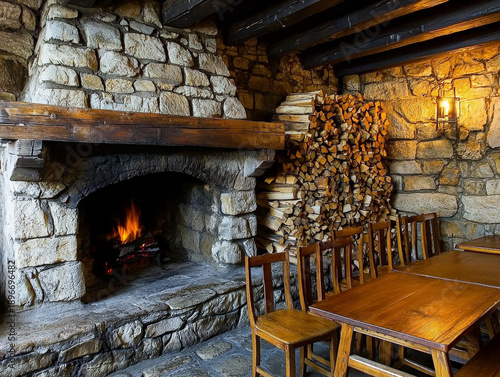 Cozy rustic stone room with a burning fireplace, stacked firewood, wooden tables, chairs, and dark exposed beams