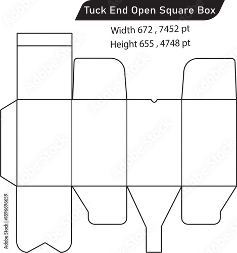 Tuck end open square box packaging dieline template with 3D folding lines and glue flap for product branding