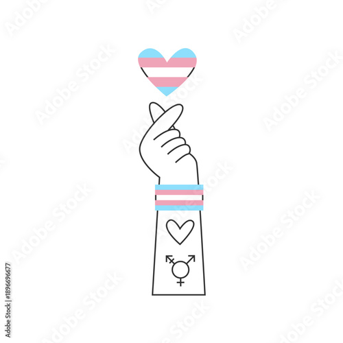 Hand with trans symbol and flag colors with heart shape. Transgender and genderqueer rights, nonbinary visibility and awareness concept. Inclusion and diversity illustration.