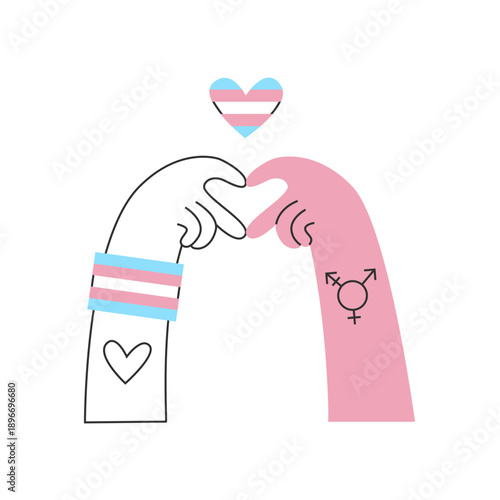 Diverse hands with trans symbol and flag colors with heart shape. Transgender and genderqueer rights, nonbinary visibility and awareness concept. Inclusion and diversity illustration.