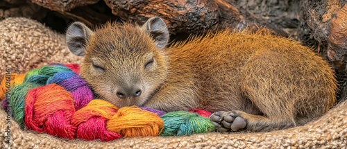 Cute baby animal peacefully asleep, nestled on a rainbow of colorful yarn in a cozy woven bed