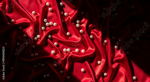 shimmering red satin fabric draped elegantly with scattered white pearls creating a luxurious and sensuous background for romance and beauty.