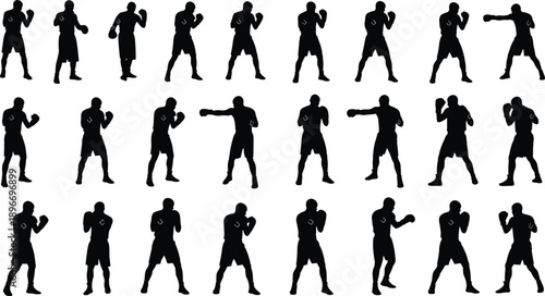 Boxing fighter silhouettes set showing punch and defense poses isolated on white for sports design training graphics and action illustrations