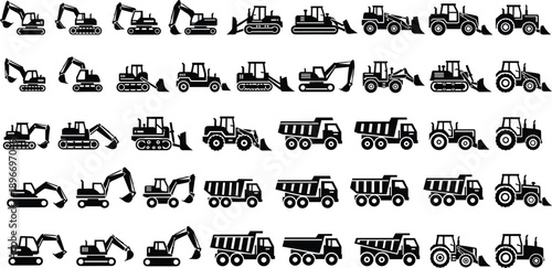 Construction machinery silhouettes set featuring excavators bulldozers loaders and dump trucks isolated on white for industrial design and engineering graphics