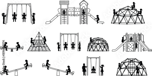 Children playground activity silhouettes set featuring kids playing on swings slides climbing frames and seesaws isolated on white for education and park design