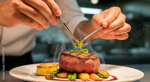 Chef garnishing a perfectly grilled steak on a plate