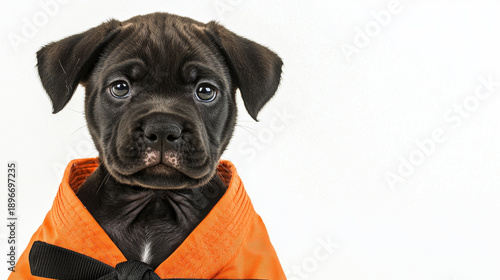 Cute dark puppy wearing an orange martial arts uniform with a black belt, looking directly at the camera on a white background