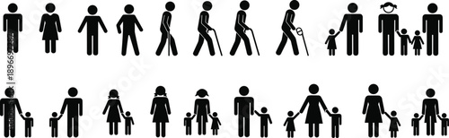 Human family pictogram silhouettes set showing men women children and elderly people in various life stages isolated on white background