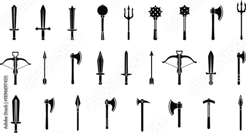 Medieval fantasy weapon silhouettes set featuring swords axes maces spears and crossbows isolated on white for game and design