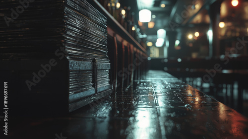 Dark, wet bar counter with a stack of reflective items, blurred lights creating a moody interior atmosphere