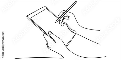 Continuous line drawing of hands interacting with a digital tablet using a stylus