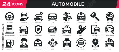 Automobile solid icons collection. Containing car, rent, dealer icons. Perfect pixel on transparent background. Vector illustration