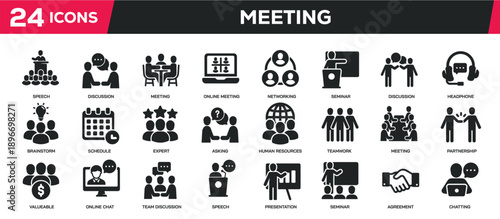Meeting solid icons collection. Containing presentation, seminar, business icons. Perfect pixel on transparent background. Vector illustration