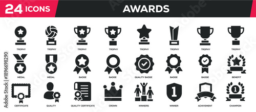 Awards solid icons collection. Containing Trophy, Reward, Achievement, Medal icons. Perfect pixel on transparent background. Vector illustration