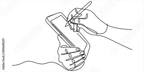 Continuous line art of hands interacting with a smartphone using a digital pen