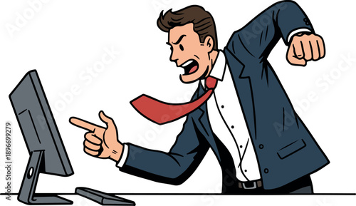 Angry Businessman Yelling at Computer Screen Minimal Illustration Flat Design