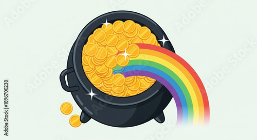 Pot of Gold Coins with Rainbow Overflow on White Background