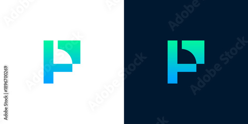 Vibrant blue-green gradient abstract geometric letter P or F logo design. This modern sleek mark is perfect for digital branding, suitable for light and dark themes
