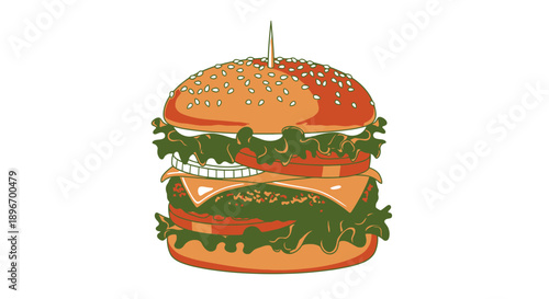 A close-up view of a juicy burger with lettuce, tomato, and cheese on a toasted bun, illustration, food scene, studio lighting, front view