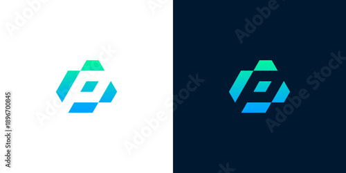 Abstract geometric logo with a modern, clean design featuring a hexagonal-like shape with gradient colors on white and dark backgrounds