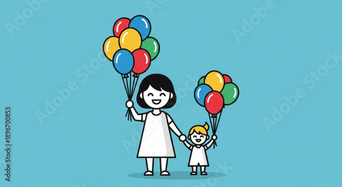 Happy Mother and Child Holding Colorful Balloons on Blue Background
