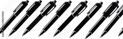 Black ballpoint pen icon set isolated on white background featuring multiple ink pens for writing office stationary school supplies signature and 