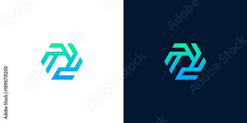 Modern abstract hexagonal logo design featuring a dynamic gradient of blue and green, ideal for technology, business, or innovative branding concepts