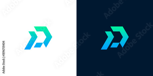 Abstract geometric digital technology logo design, modern arrow shapes in blue and green gradient on white and dark backgrounds