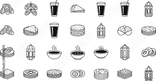 Hand Drawn Arabic Food and Drink Icons Set with Desserts Dates Tea Coffee and Traditional Lanterns