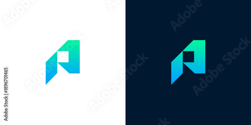 Abstract geometric letter A logo in gradient blue and green on white and dark backgrounds