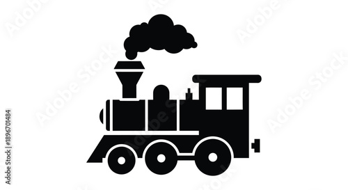 A silhouette of a steam train puffing smoke is shown against a white background.