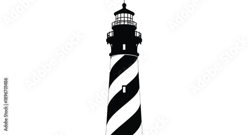 A black and white striped lighthouse stands tall against a stark white background.