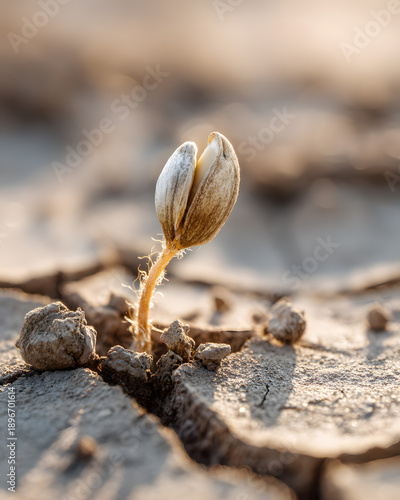 Small seed sprouts from dry soil in a cracked surface during daylight hours in a natural setting