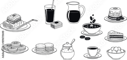 Hand Drawn Arabic Sweets and Tea Icons Set with Desserts Cakes Coffee and Drinks in Outline Style