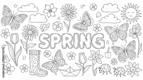 Spring Theme Doodle Art - Butterflies, Flowers, Sun, Clouds, and Rain Boot